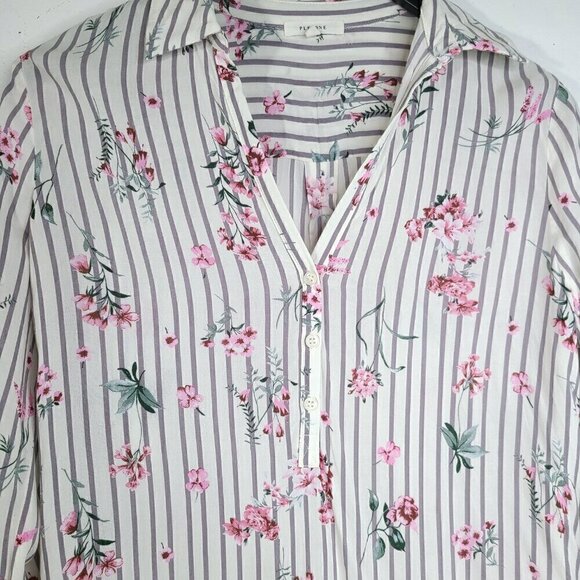Pleione White Gray Pink Floral Long Sleeve Slinky Button Front Oversized Top - Picture 4 of 7